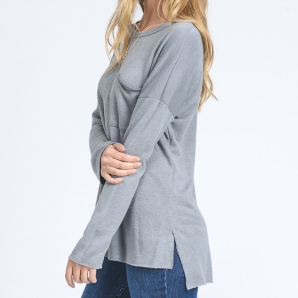 LAST Blue French Terry Long Sleeve Pocket Top - Picture 7 of 8